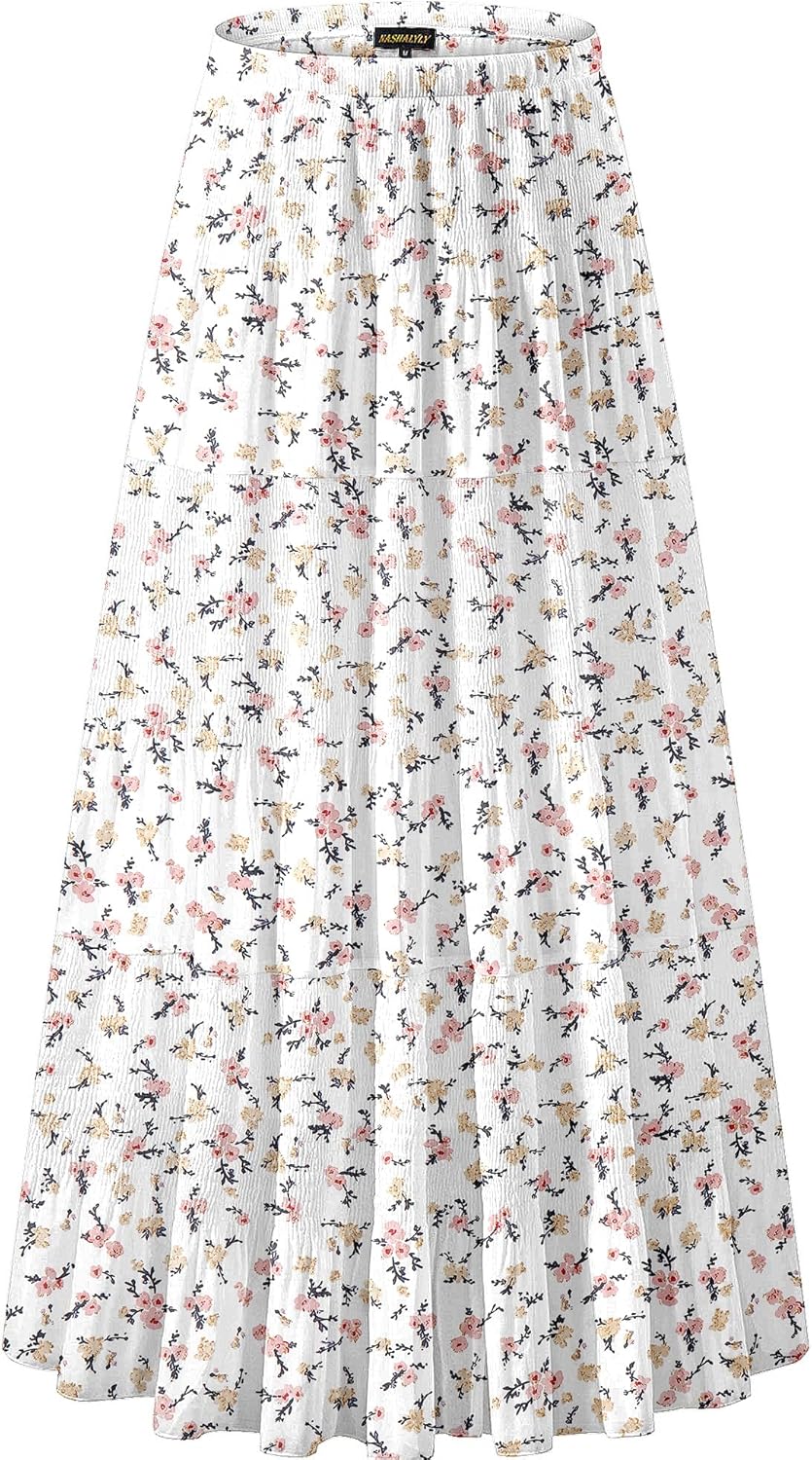 Chiffon Maxi Skirt for Women - High Waist Pleated A-Line Flared Long Skirt Shiny Floral