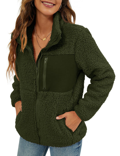 VVK Women's Fashion Faux Shearling Shaggy Full Zip Coats Warm Winter Patchwork Jackets with Pocket