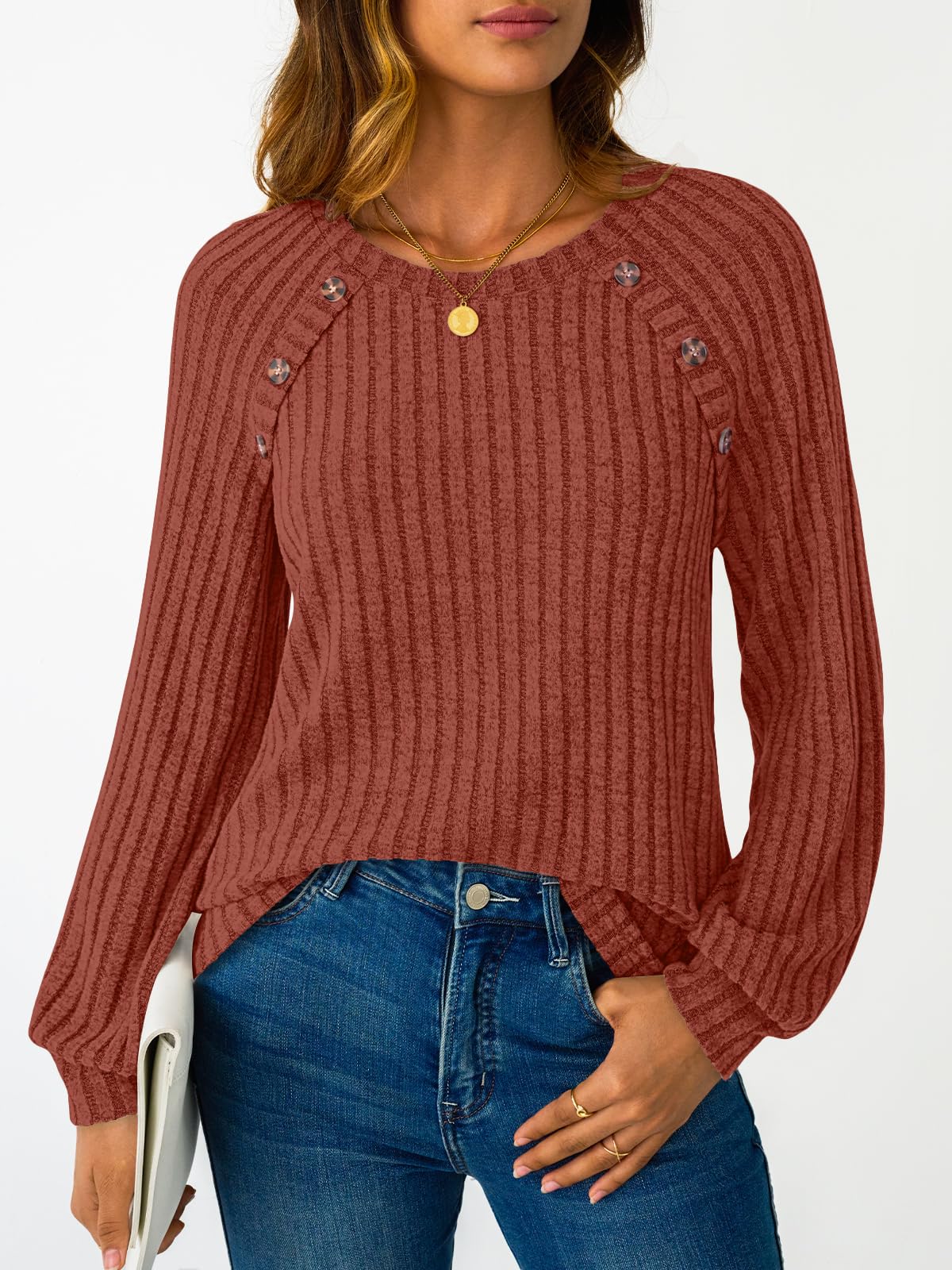 Women's Long Sleeve Tops - Fall Lightweight Sweaters with Shoulder Buttons