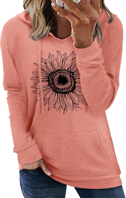 Pullover Hoodie - Tie Dye & Floral Print Hooded Sweatshirt with Pockets R Sunflower Pink