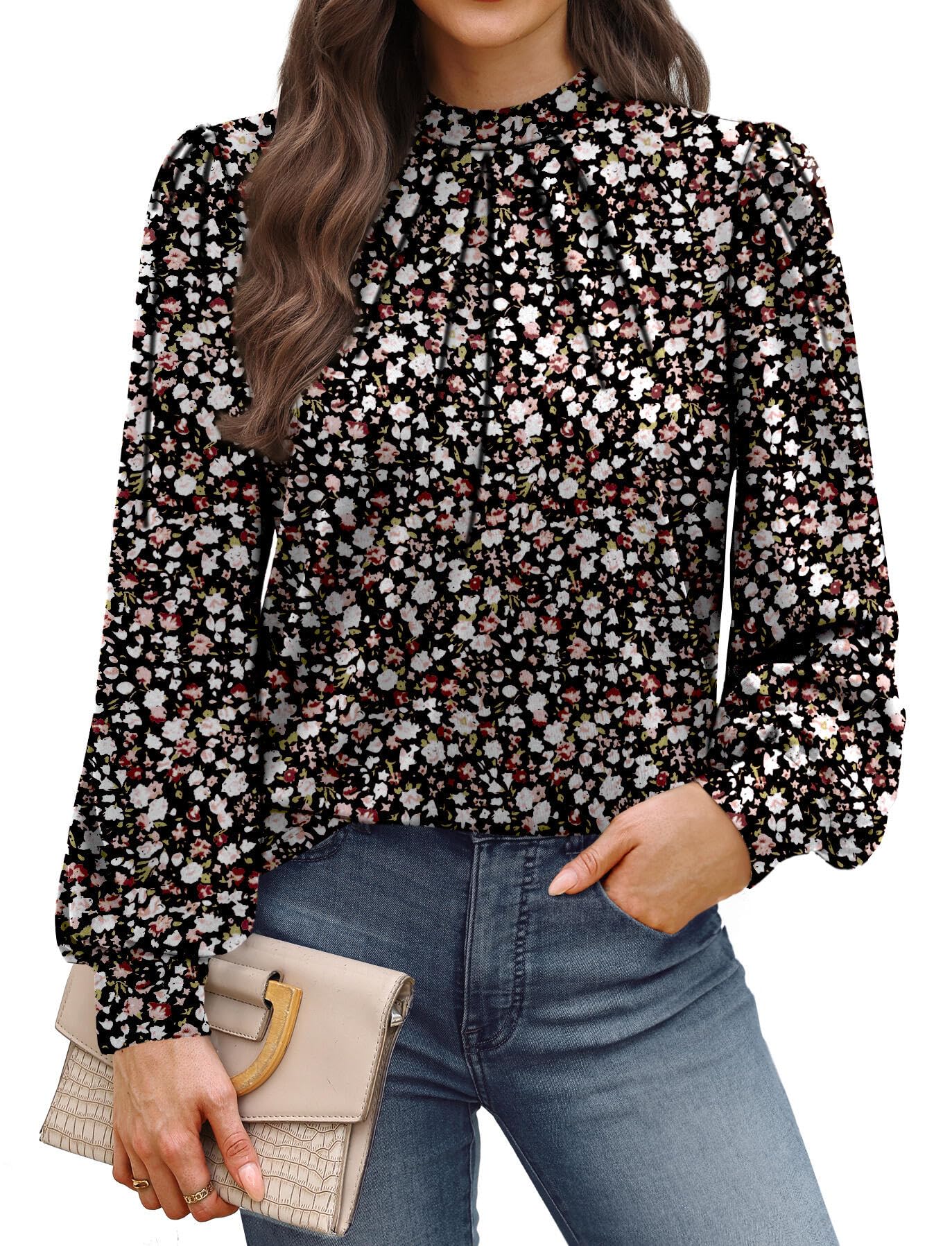 WIHOLL Long Sleeve Shirts for Women Mock Neck Tops Pleated Front Blouses Dressy Casual Fall Clothes 2025 Fashion