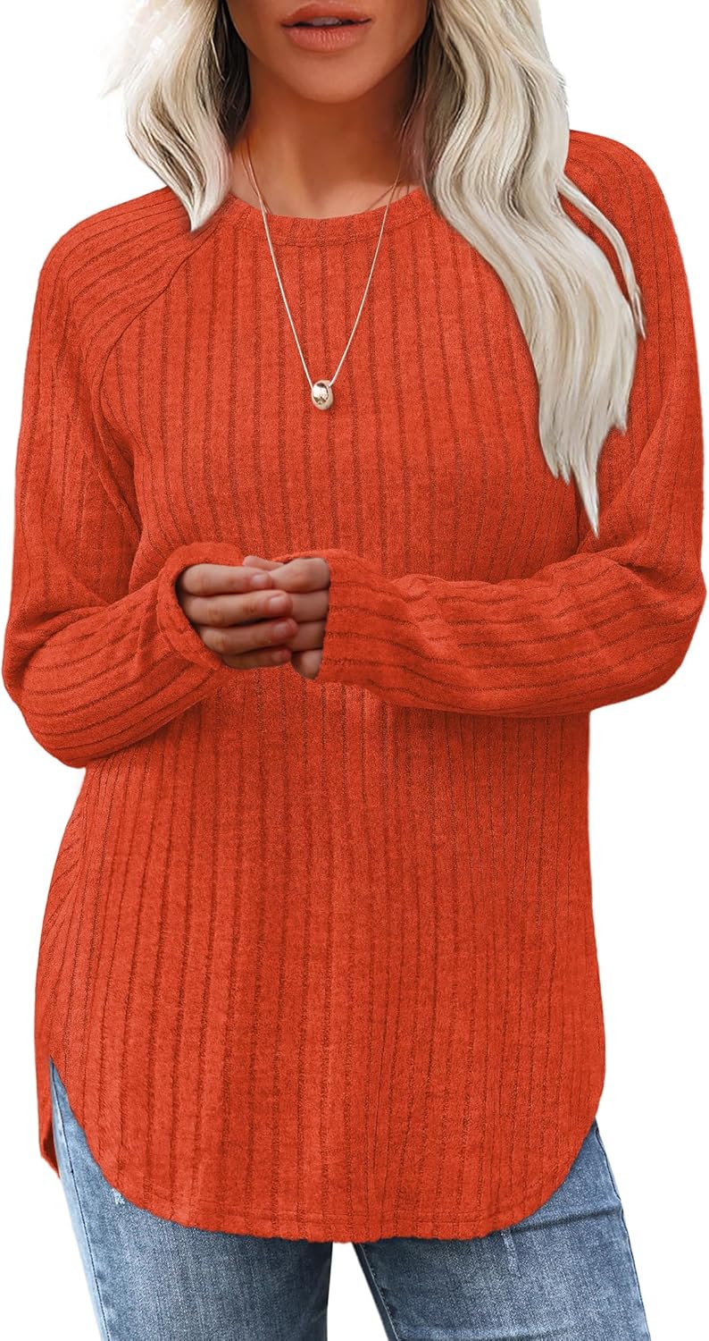 Long Sleeve Tunic Top for Women - Loose Fit Pullover with Curved Hem Orange
