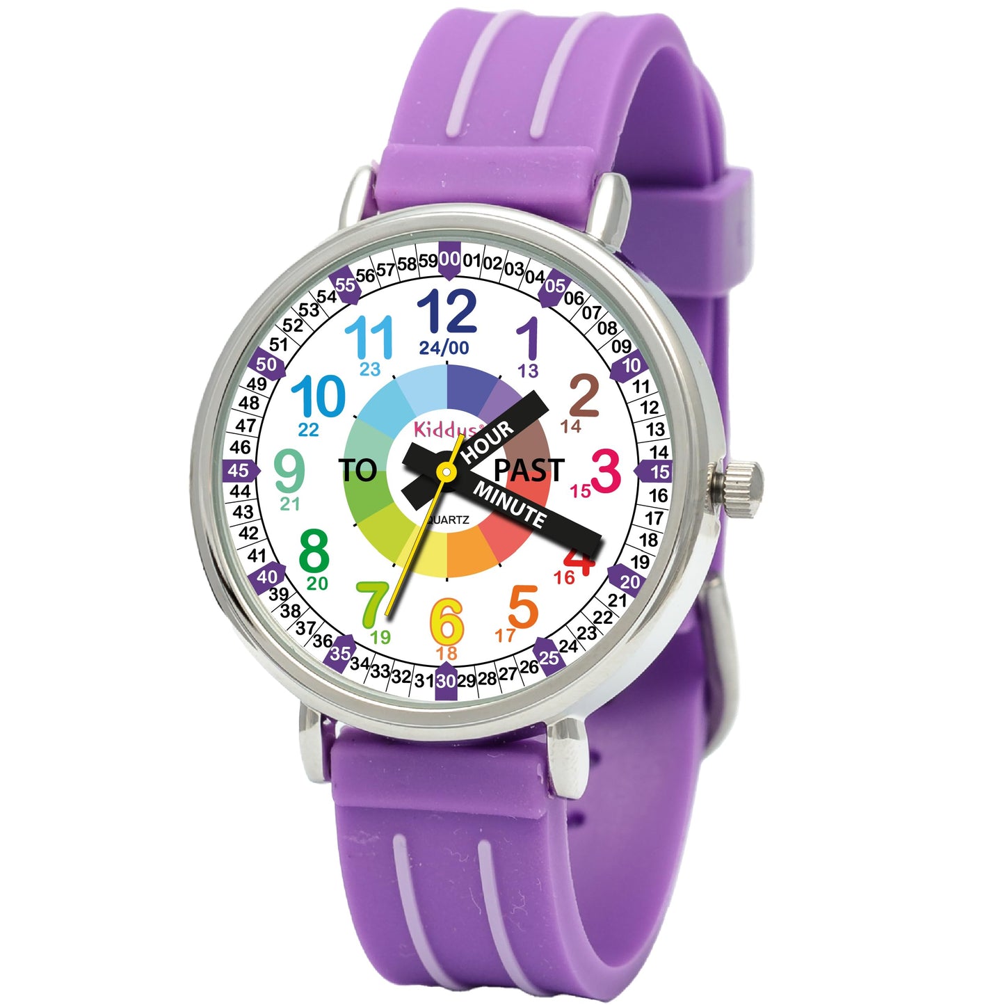 Kids Time Teacher Watch - Educational Analog Watch with Japanese Quartz Movement Ages 5-12 A. English Handles 04 Purple Band