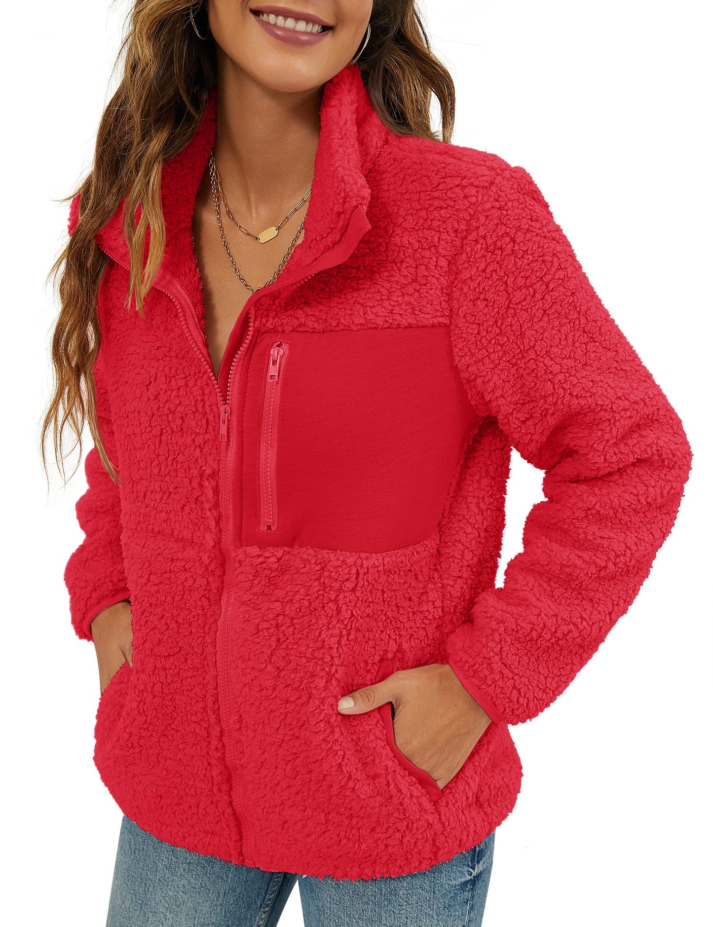 VVK Women's Fashion Faux Shearling Shaggy Full Zip Coats Warm Winter Patchwork Jackets with Pocket