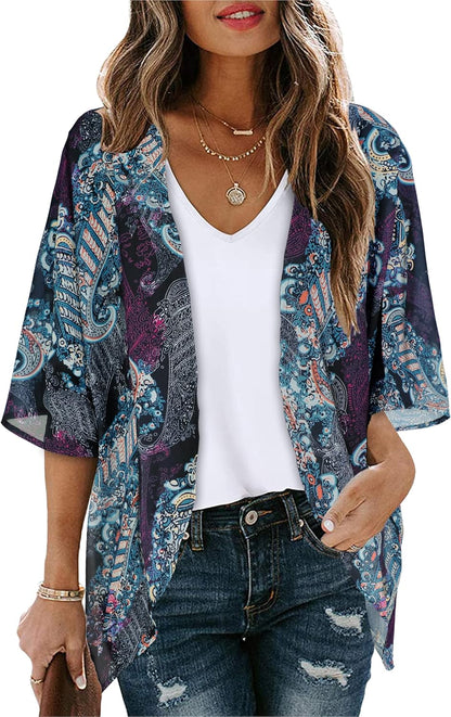 Floral Print Kimono Cardigan Women Puff Sleeve Cover Up Casual Blouse Loose Top