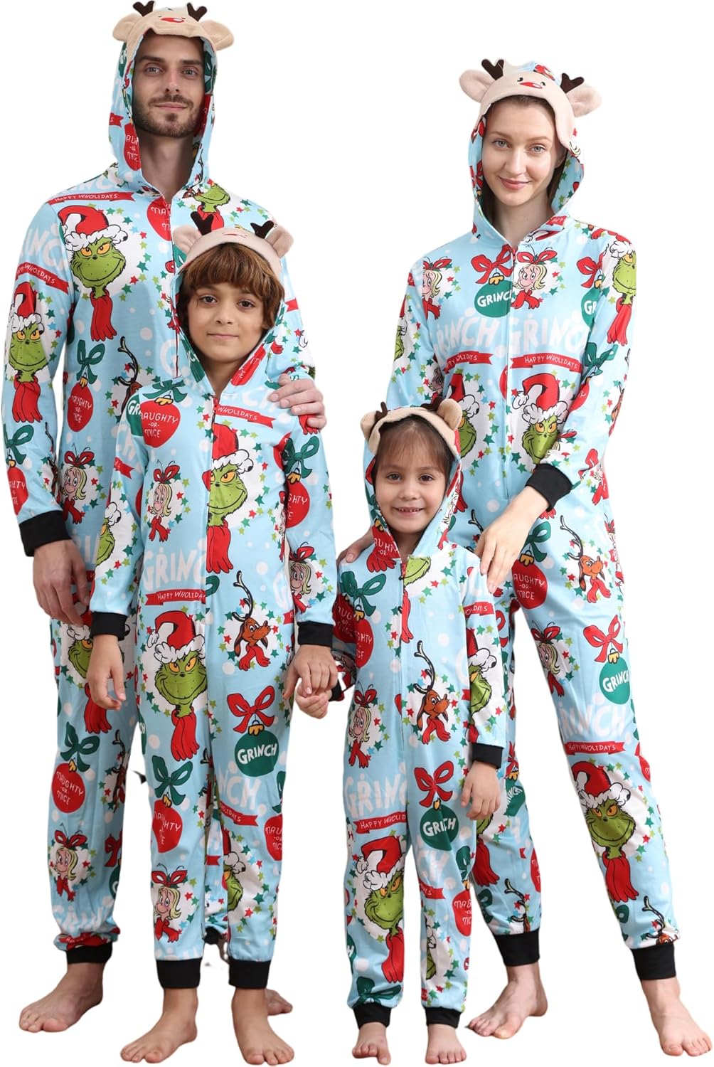 Matching Christmas Onesies for Family - Zip Up One-Piece Holiday Pajamas Sky Blue