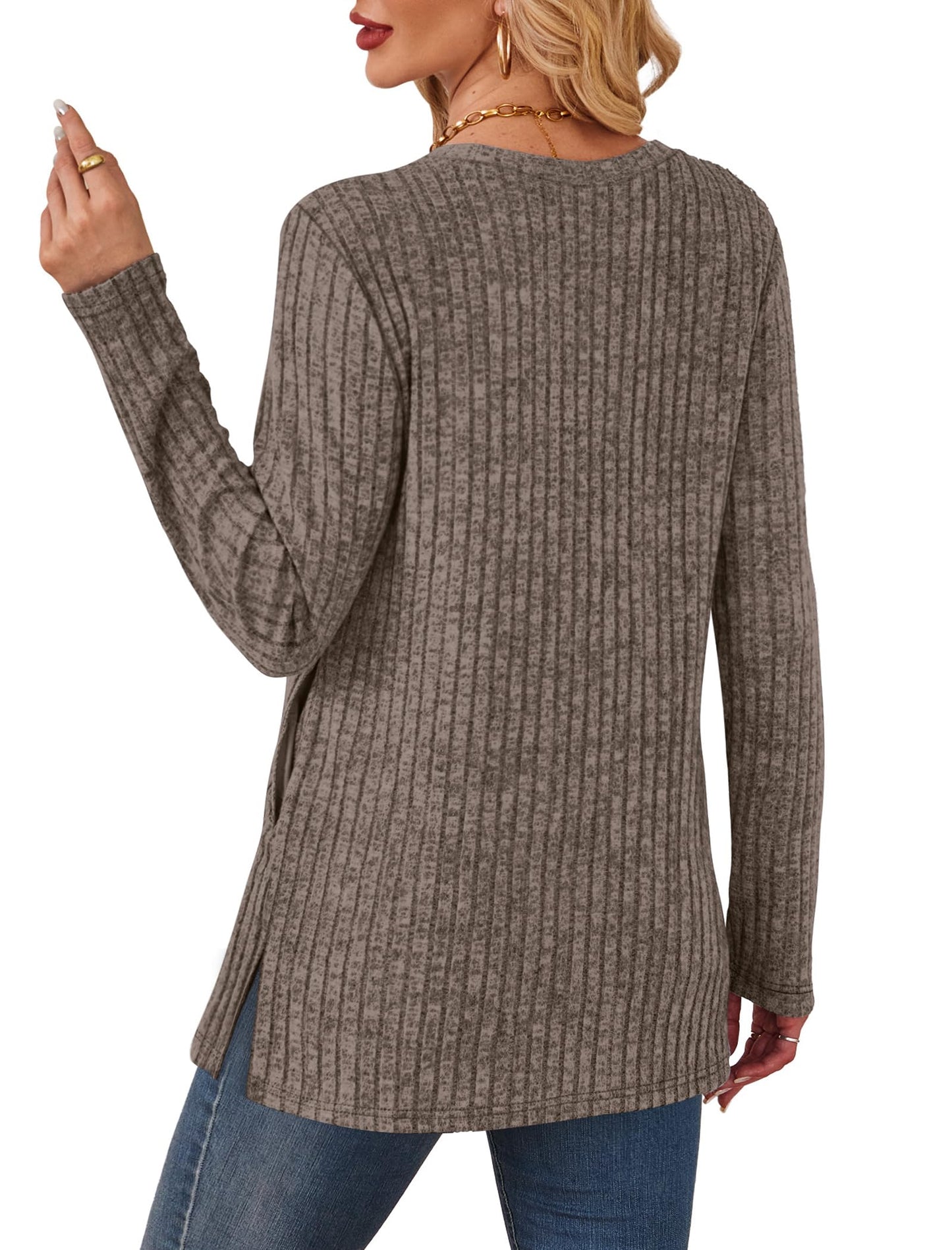 Women's Crewneck Sweater with Pockets - Long Sleeve Tunic Top with Side Slits