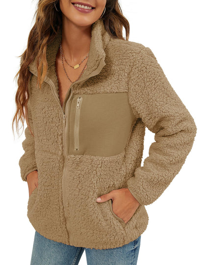 VVK Women's Fashion Faux Shearling Shaggy Full Zip Coats Warm Winter Patchwork Jackets with Pocket