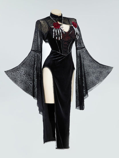 Gothic Vampire Costume - Women's Bodycon Dress with Spiderweb Cloak and Accessories