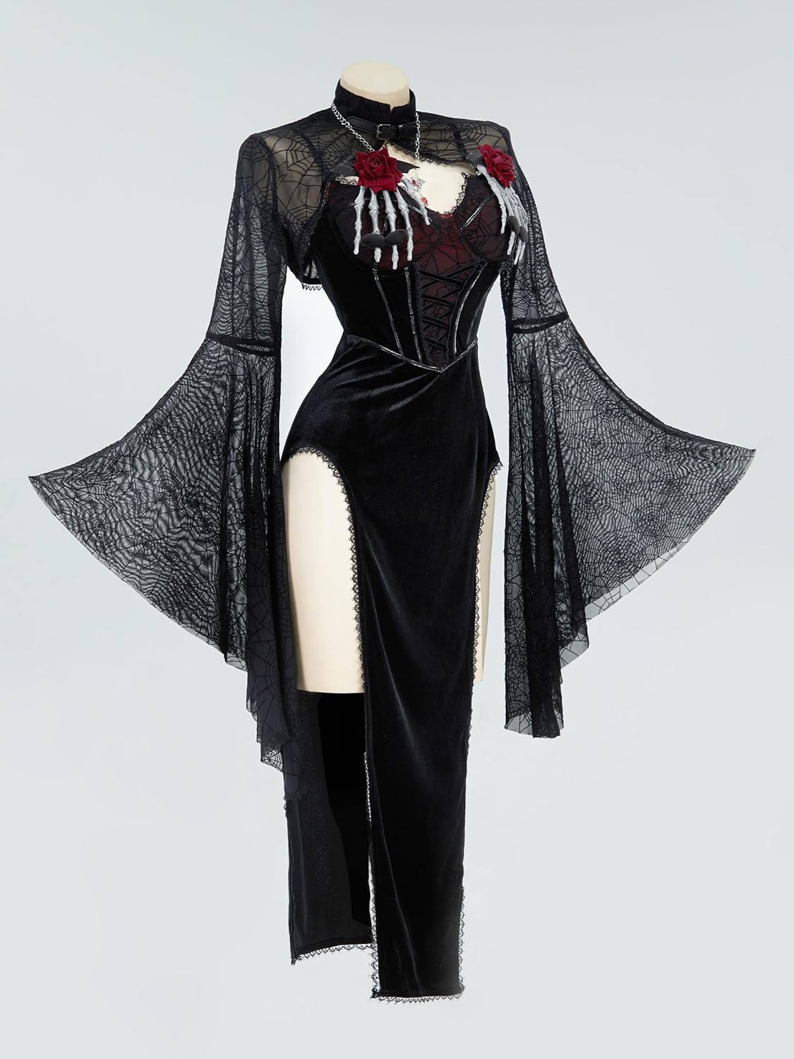 Gothic Vampire Costume - Women's Bodycon Dress with Spiderweb Cloak and Accessories