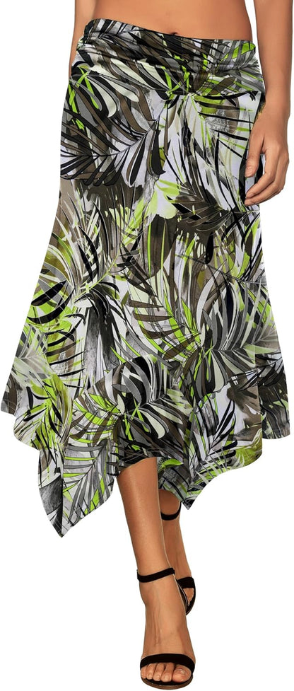 Women's Flowy Handkerchief Hemline Midi Skirt - Elastic Waist Asymmetrical Hem