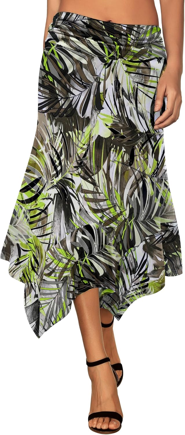 Women's Flowy Handkerchief Hemline Midi Skirt - Elastic Waist Asymmetrical Hem Tropical Leaves