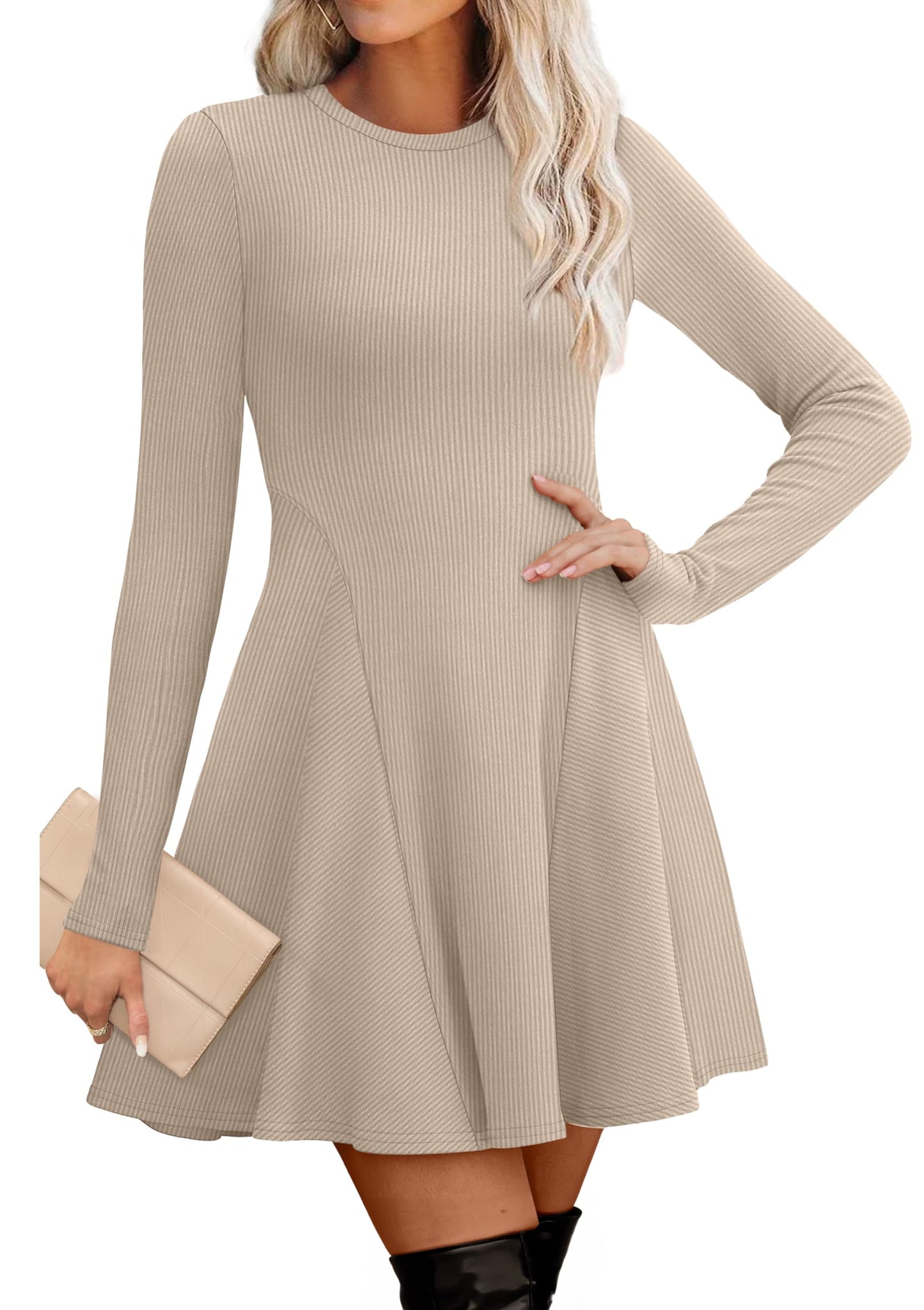 Women's Sweater Dress - Long Sleeve Ribbed Knit Fit and Flare A-Line Dress Beige