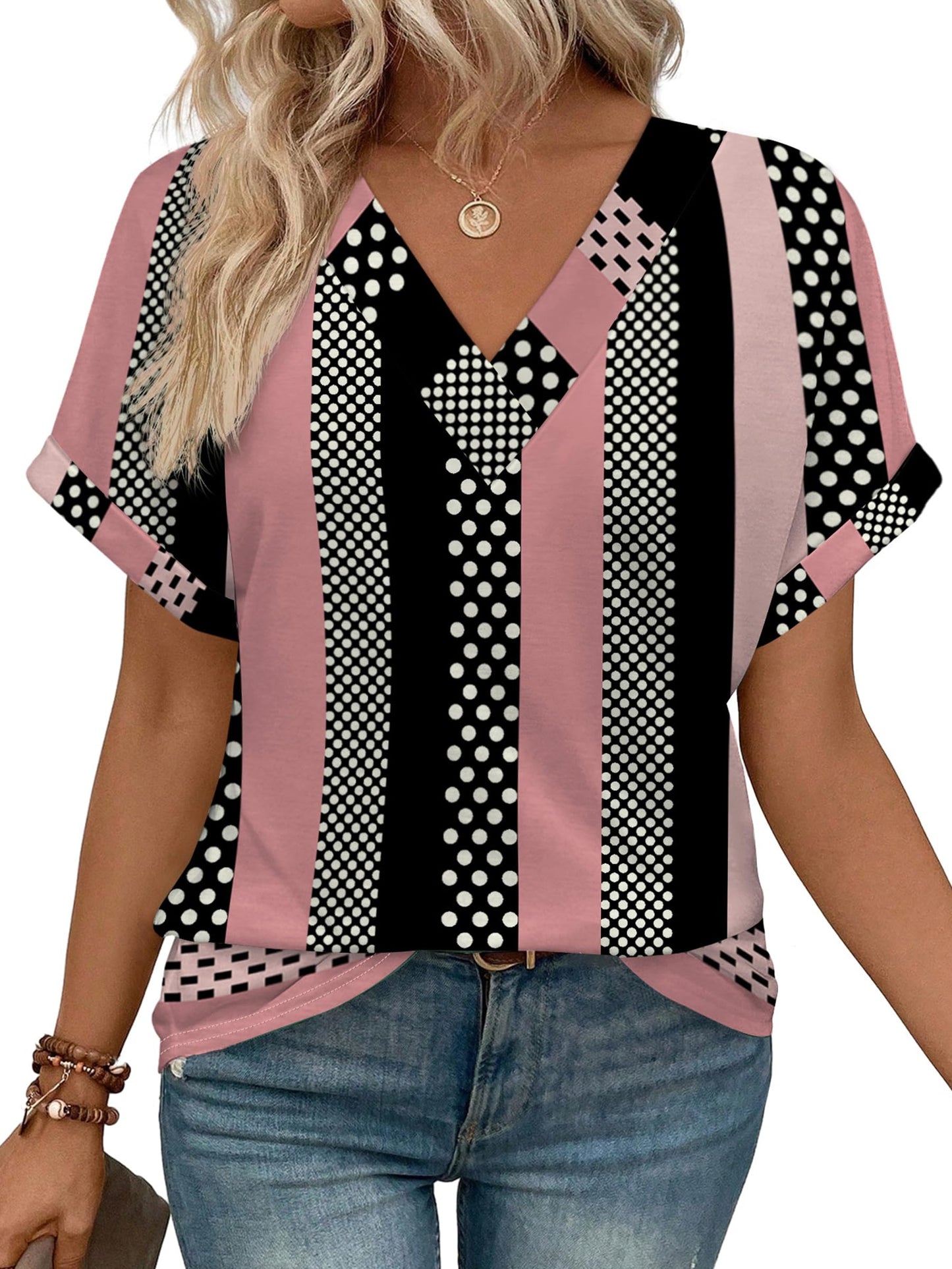 Womens Summer Tops V Neck Short Sleeve Shirts Casual Dolman Sleeve Fashion Blouse