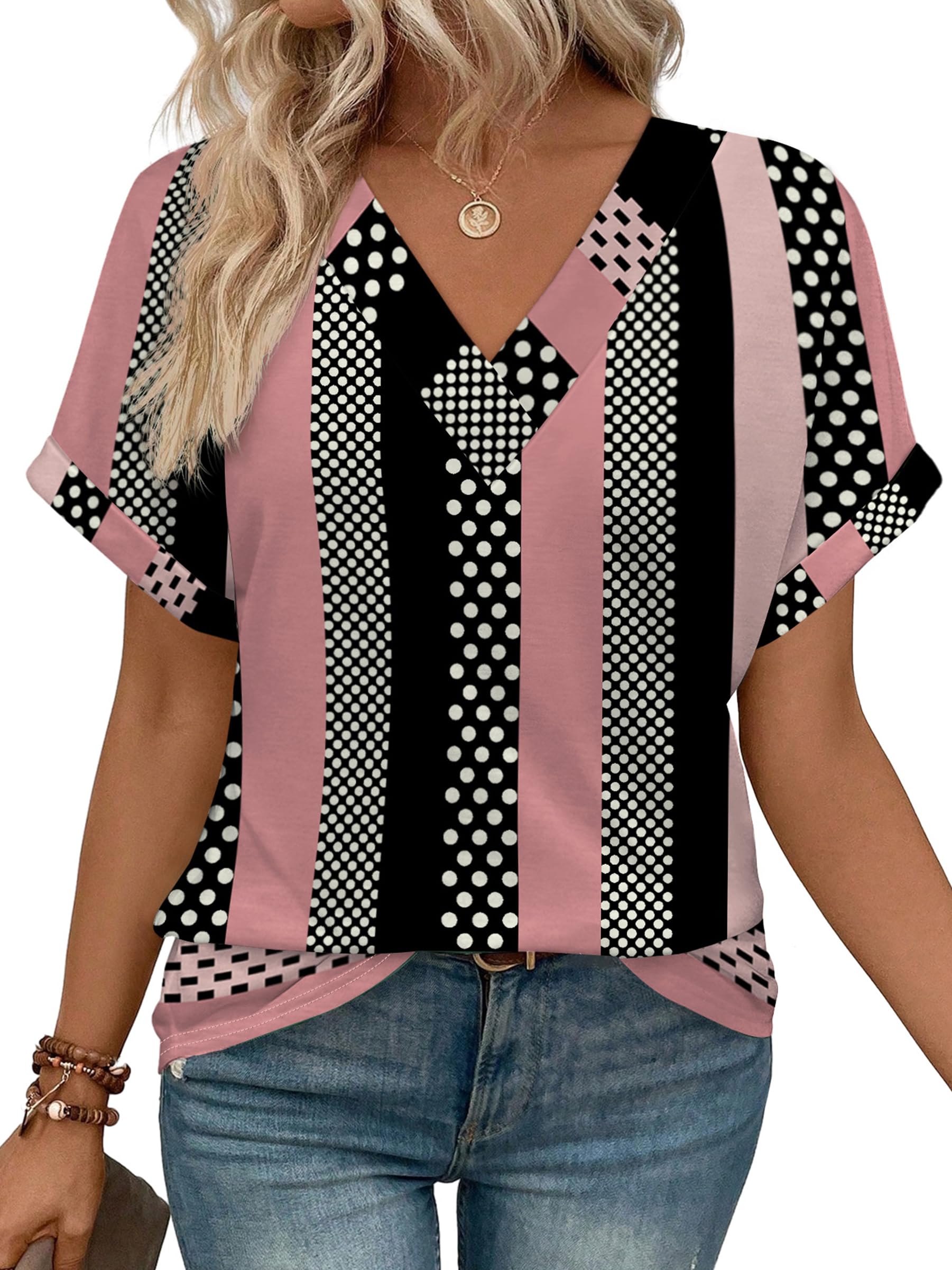 Womens Summer Tops V Neck Short Sleeve Shirts Casual Dolman Sleeve Fashion Blouse
