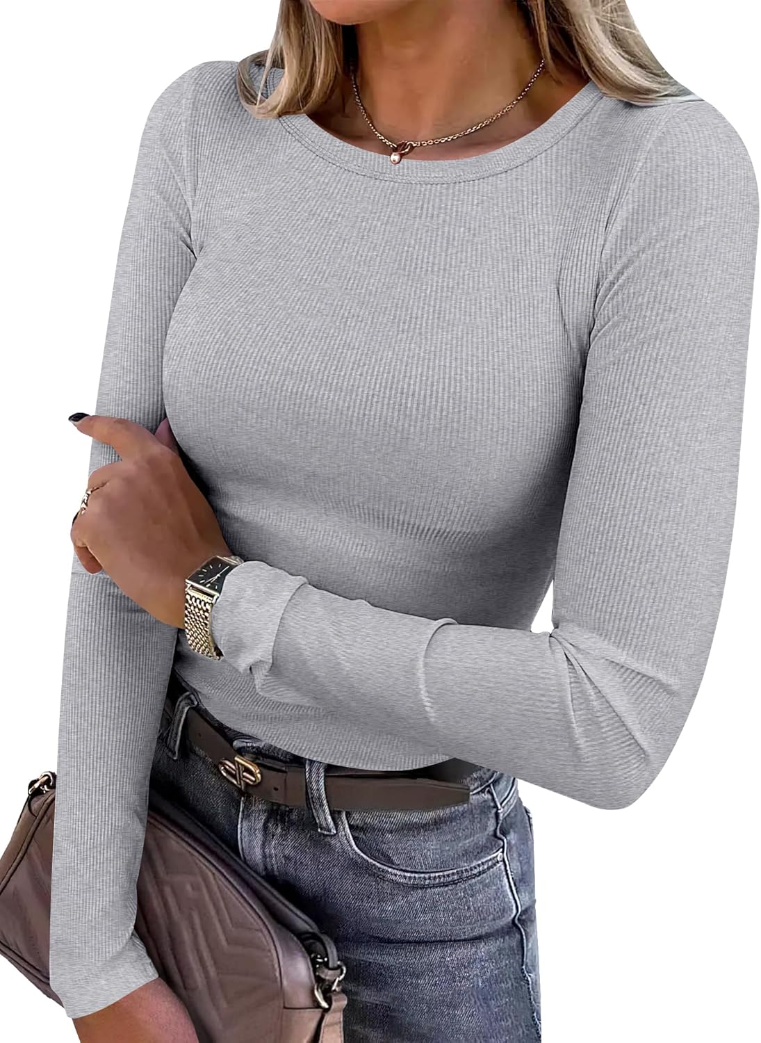 Women's Long Sleeve Rib Knit Shirt Slim Fit Crew Neck Basic Tee