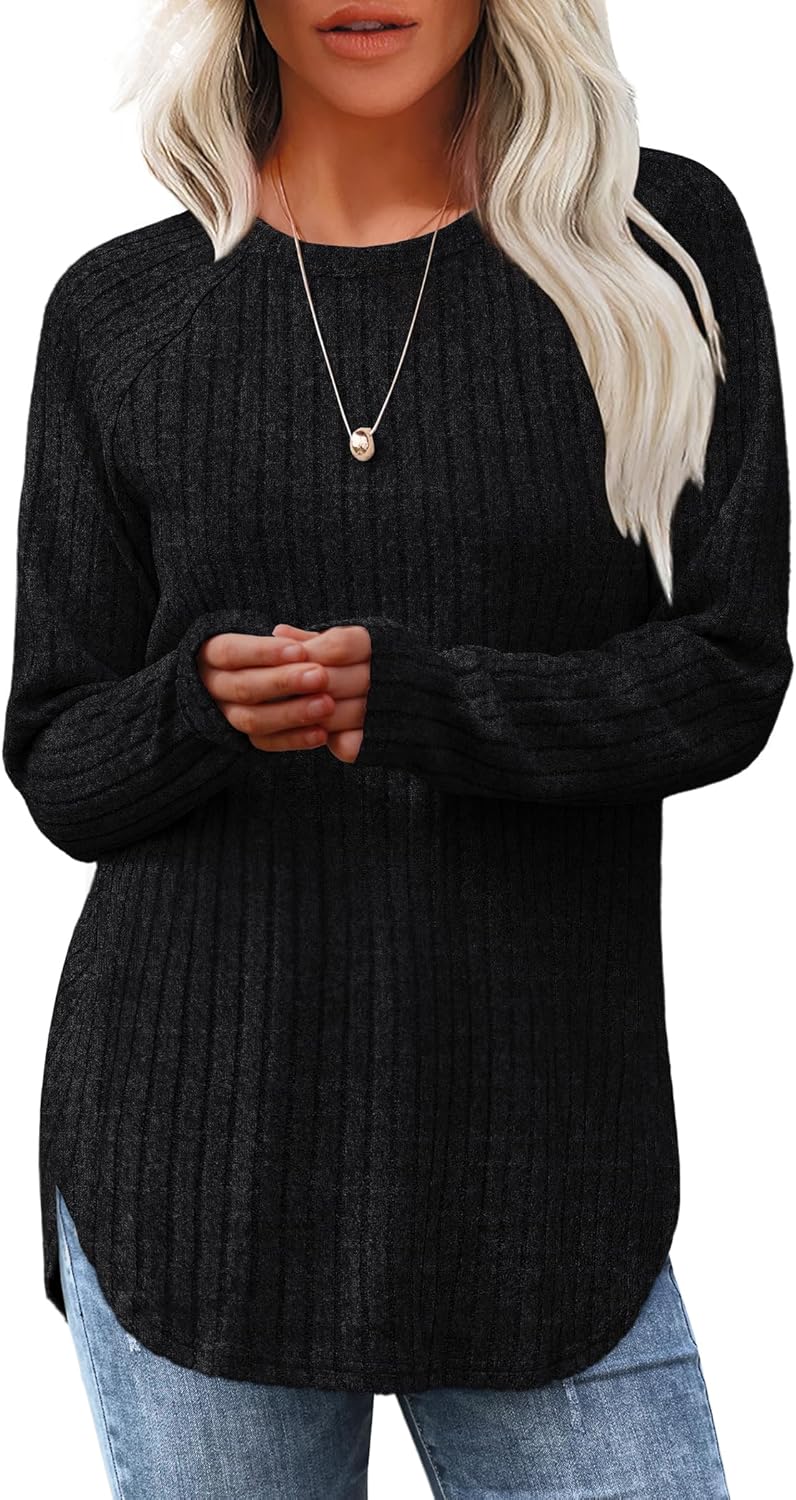 Long Sleeve Tunic Top for Women - Loose Fit Pullover with Curved Hem Black