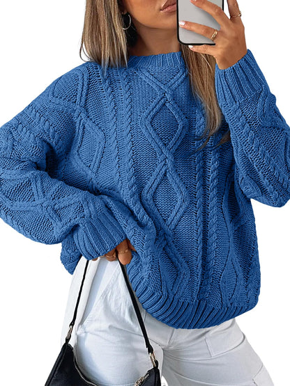 Women's Oversized Cable Knit Crewneck Sweaters - Cozy Fall Pullover Azure Blue