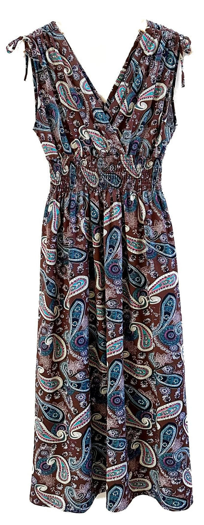 Smocked Maxi Dress - V Neck Exotic Print Dress for Maternity & Plus Size Multi Paisley Brown