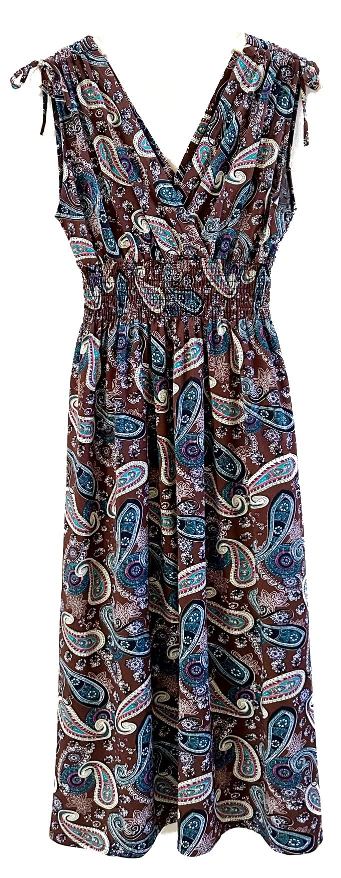 Smocked Maxi Dress - V Neck Exotic Print Dress for Maternity & Plus Size Multi Paisley Brown