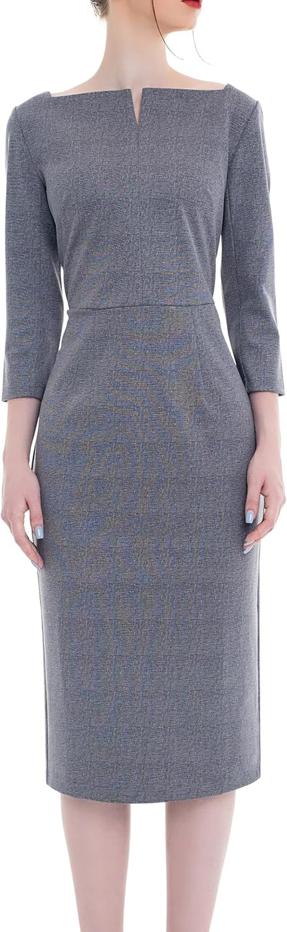 Work Office Business Dress - Square Neck Sheath Midi Dress with Long Sleeves Plaid Houndstooth 5t1