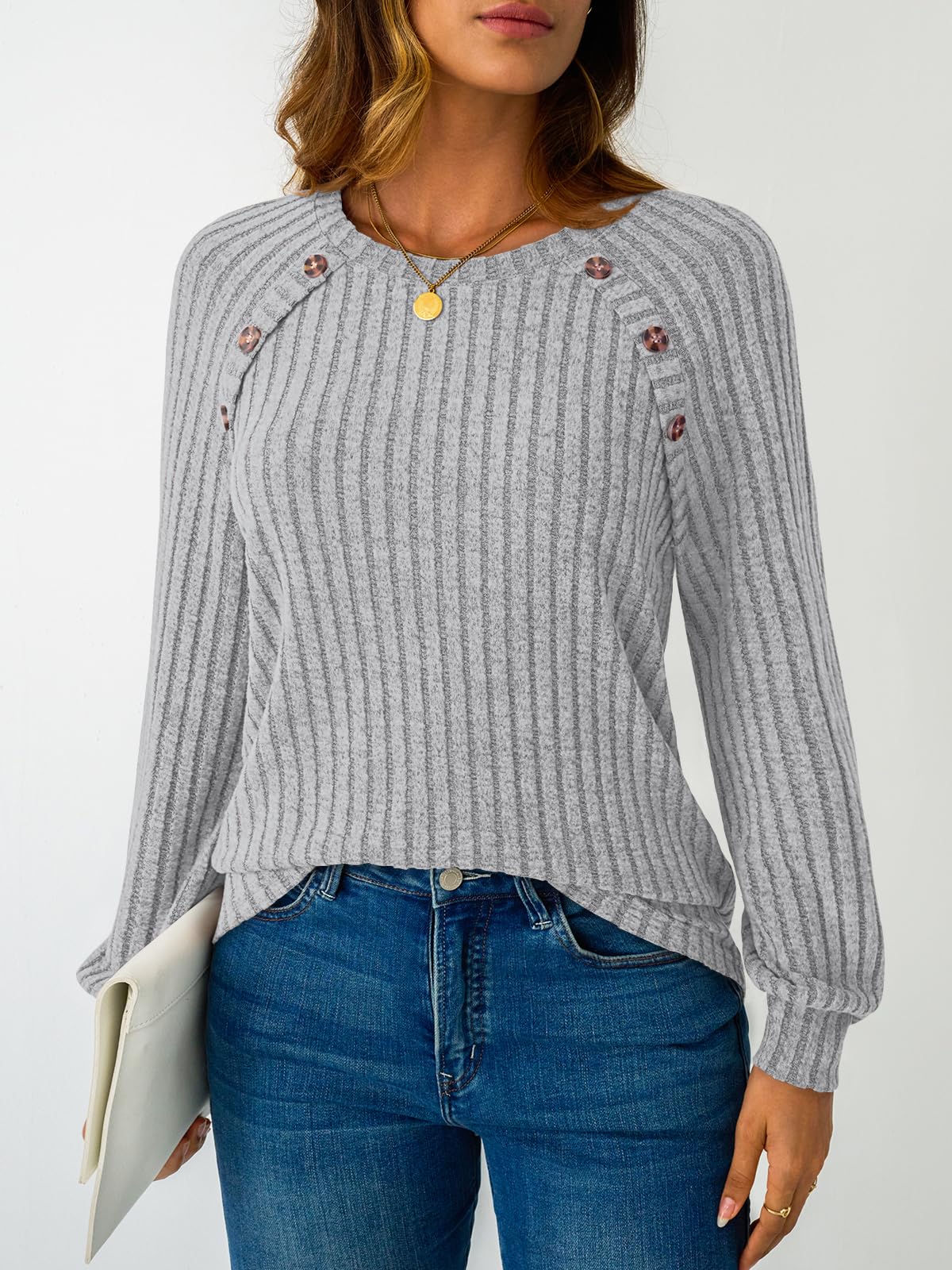 Women's Long Sleeve Tops - Fall Lightweight Sweaters with Shoulder Buttons
