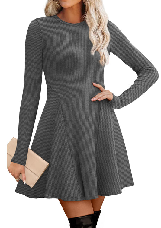 Women's Sweater Dress - Long Sleeve Ribbed Knit Fit and Flare A-Line Dress