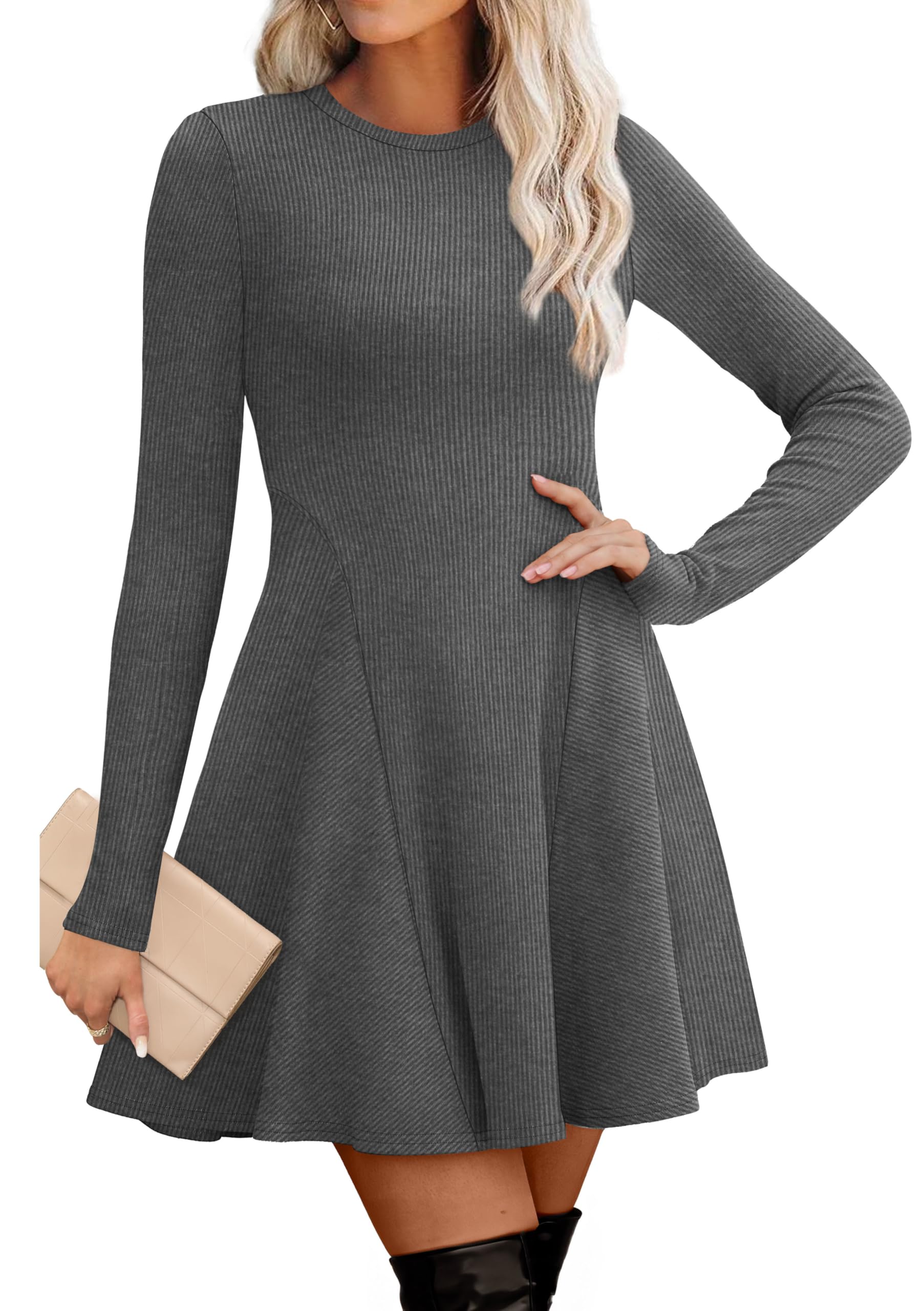 Women's Sweater Dress - Long Sleeve Ribbed Knit Fit and Flare A-Line Dress