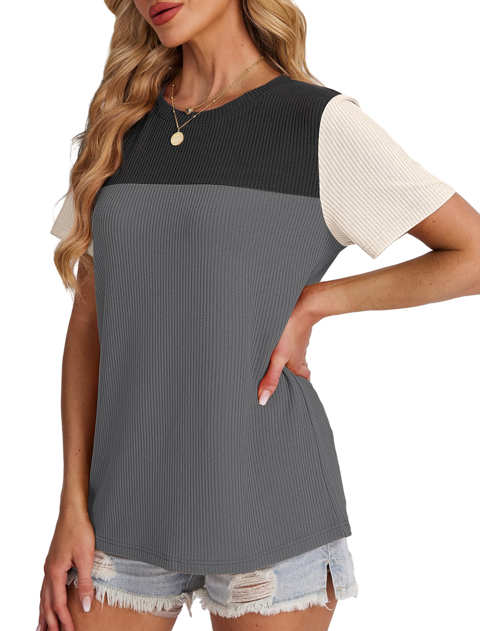 Women's Color Block Knit Shirt Short Sleeve Crewneck Top
