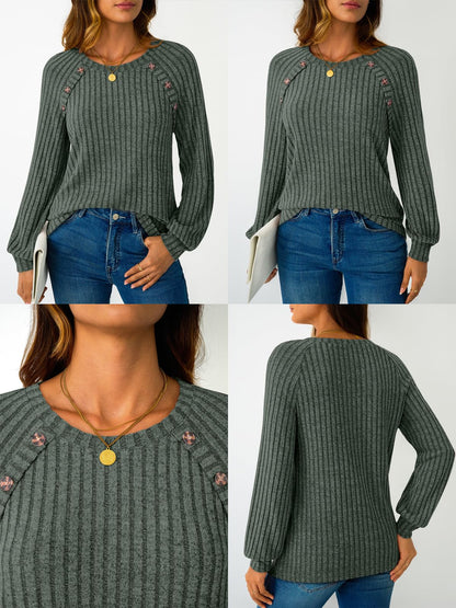 Women's Long Sleeve Tops - Fall Lightweight Sweaters with Shoulder Buttons