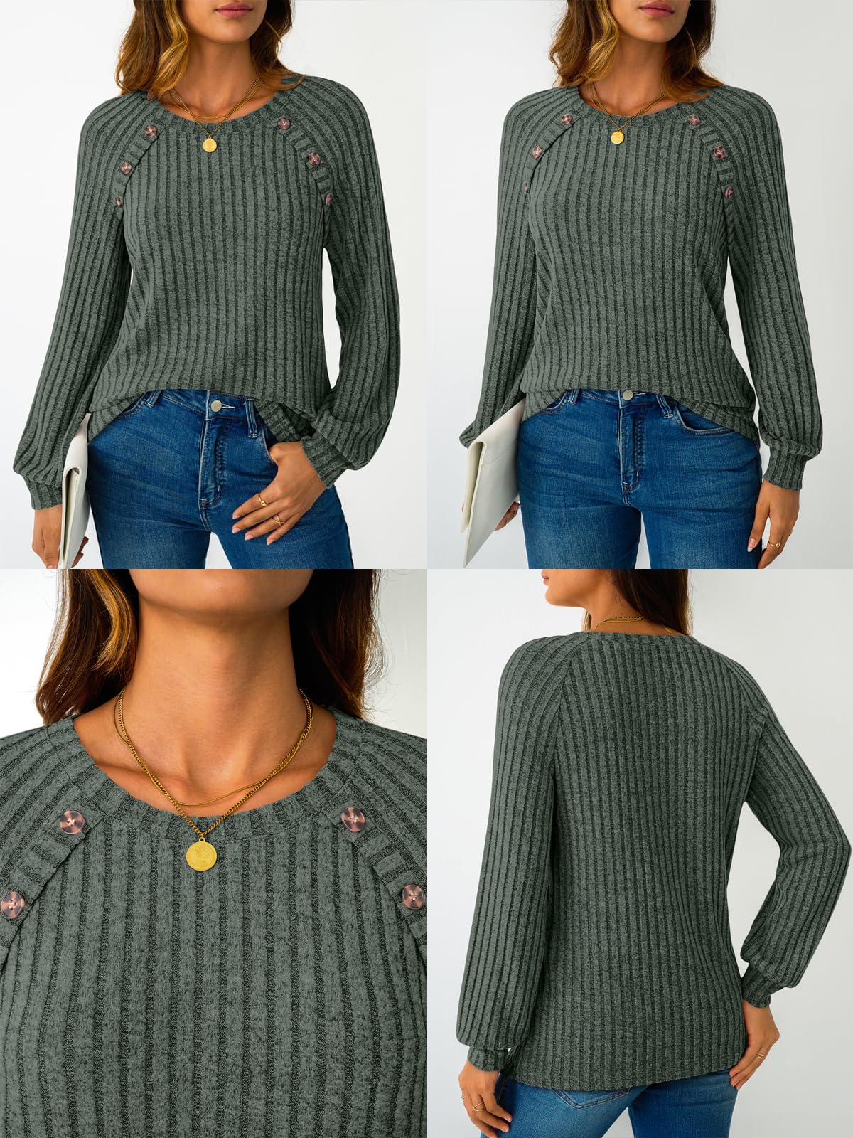 Women's Long Sleeve Tops - Fall Lightweight Sweaters with Shoulder Buttons