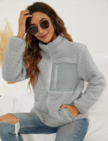 VVK Women's Fashion Faux Shearling Shaggy Full Zip Coats Warm Winter Patchwork Jackets with Pocket