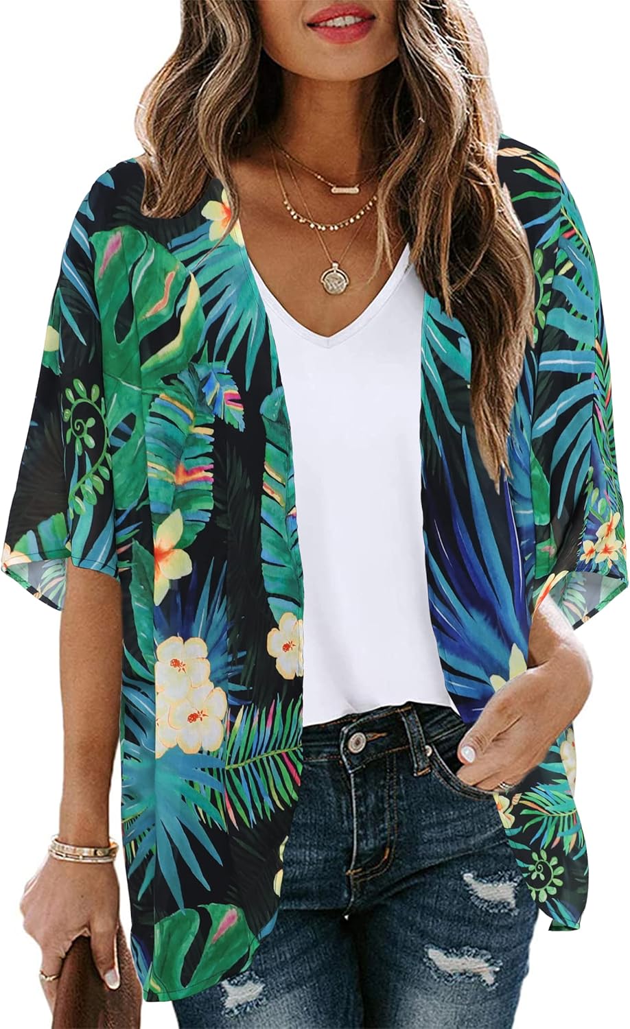 Floral Print Kimono Cardigan Women Puff Sleeve Cover Up Casual Blouse Loose Top