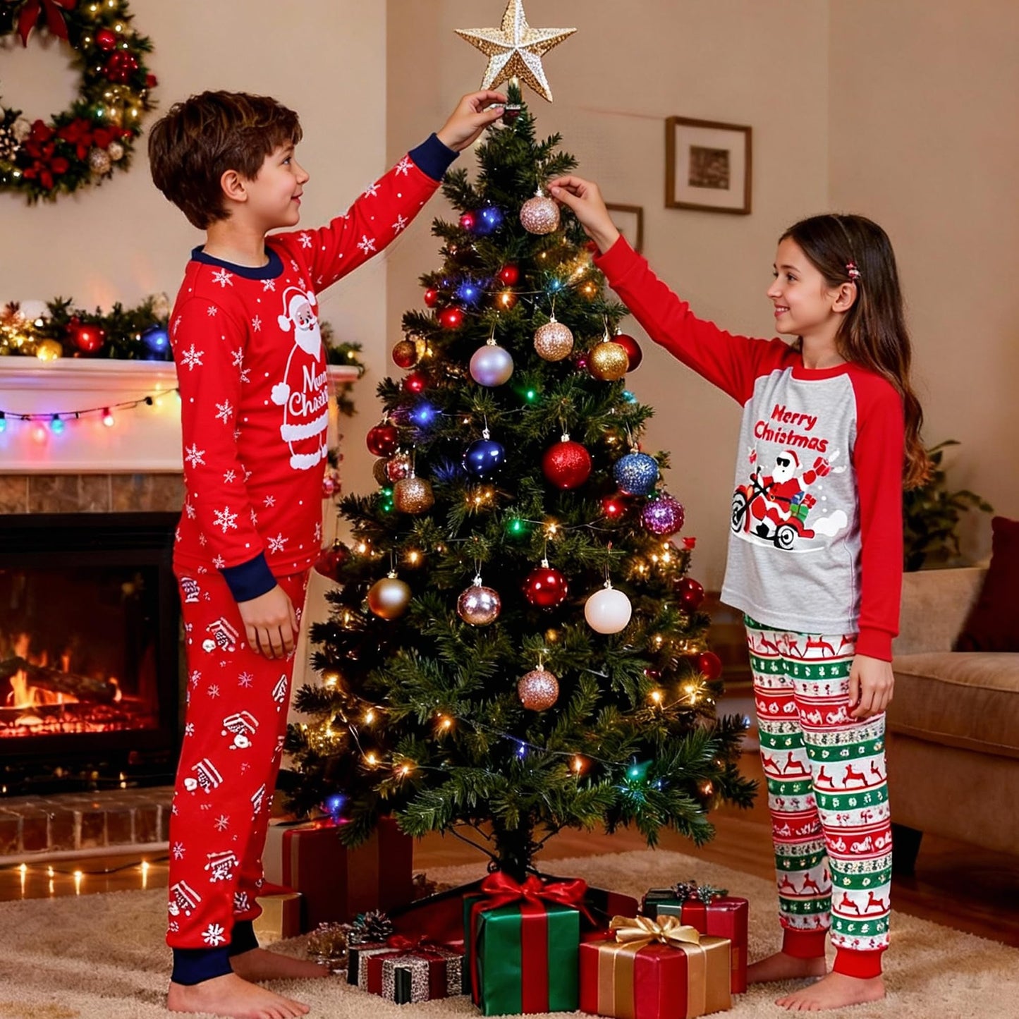 Tphon Kids Christmas Pajamas Sets Santa Claus Dinosaur Sleepwear Long Sleeve PJS Set for Boys Girls 2-12 Years