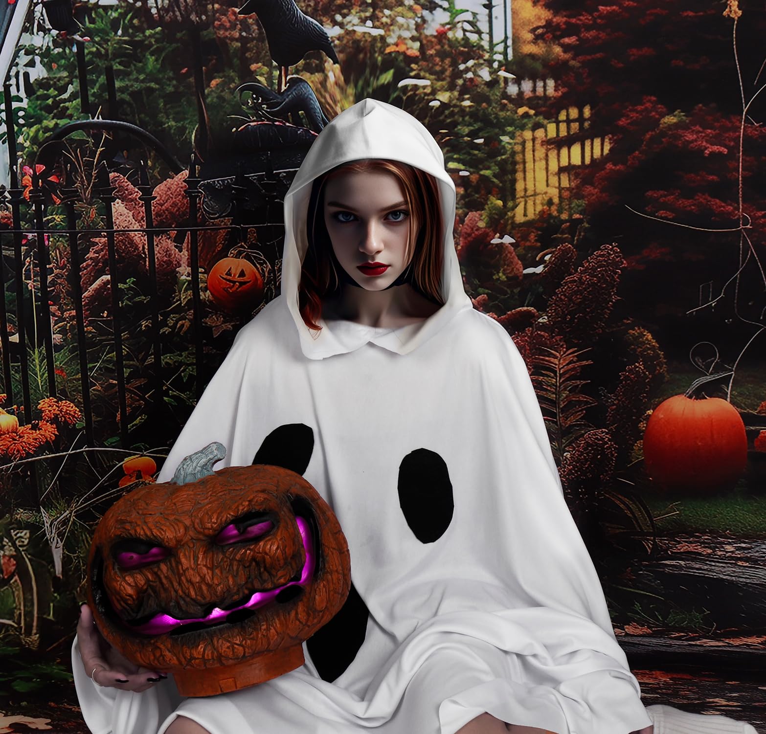 Ghost Poncho Costume for Women - Halloween Hooded Cape Outfit
