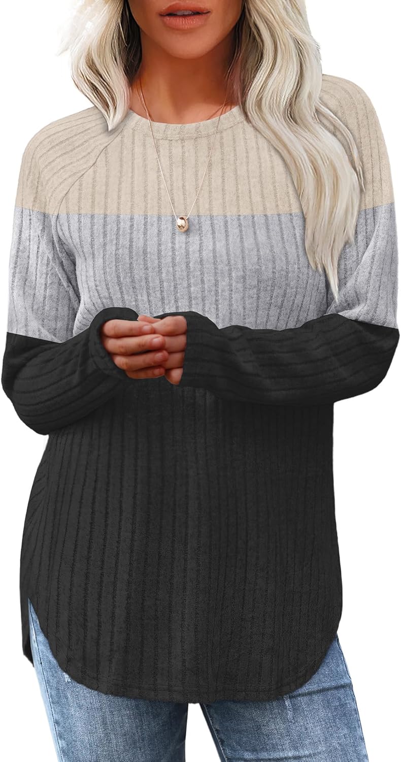 Women's Long Sleeve Tunic Tops - Loose Fit Crewneck Pullover with Curved Hem Color Block(apricot-grey-black)