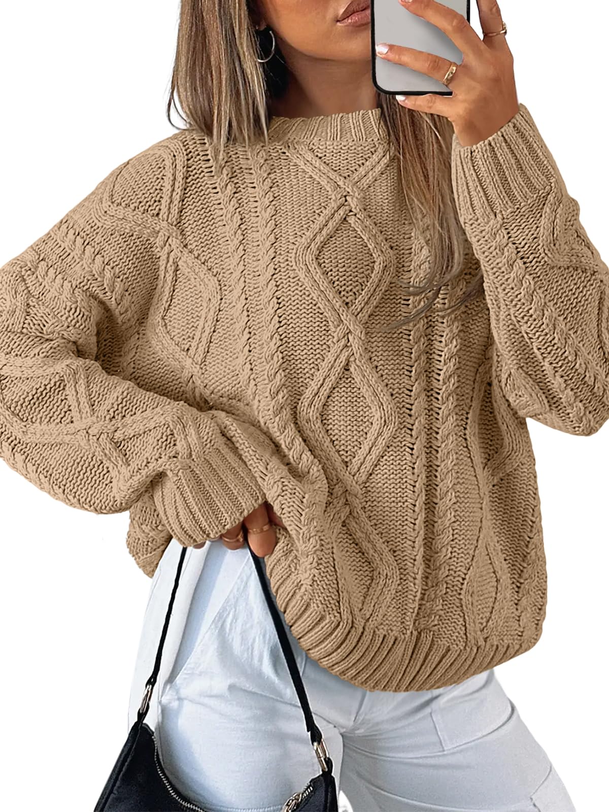 Women's Oversized Cable Knit Crewneck Sweaters - Cozy Fall Pullover Camel