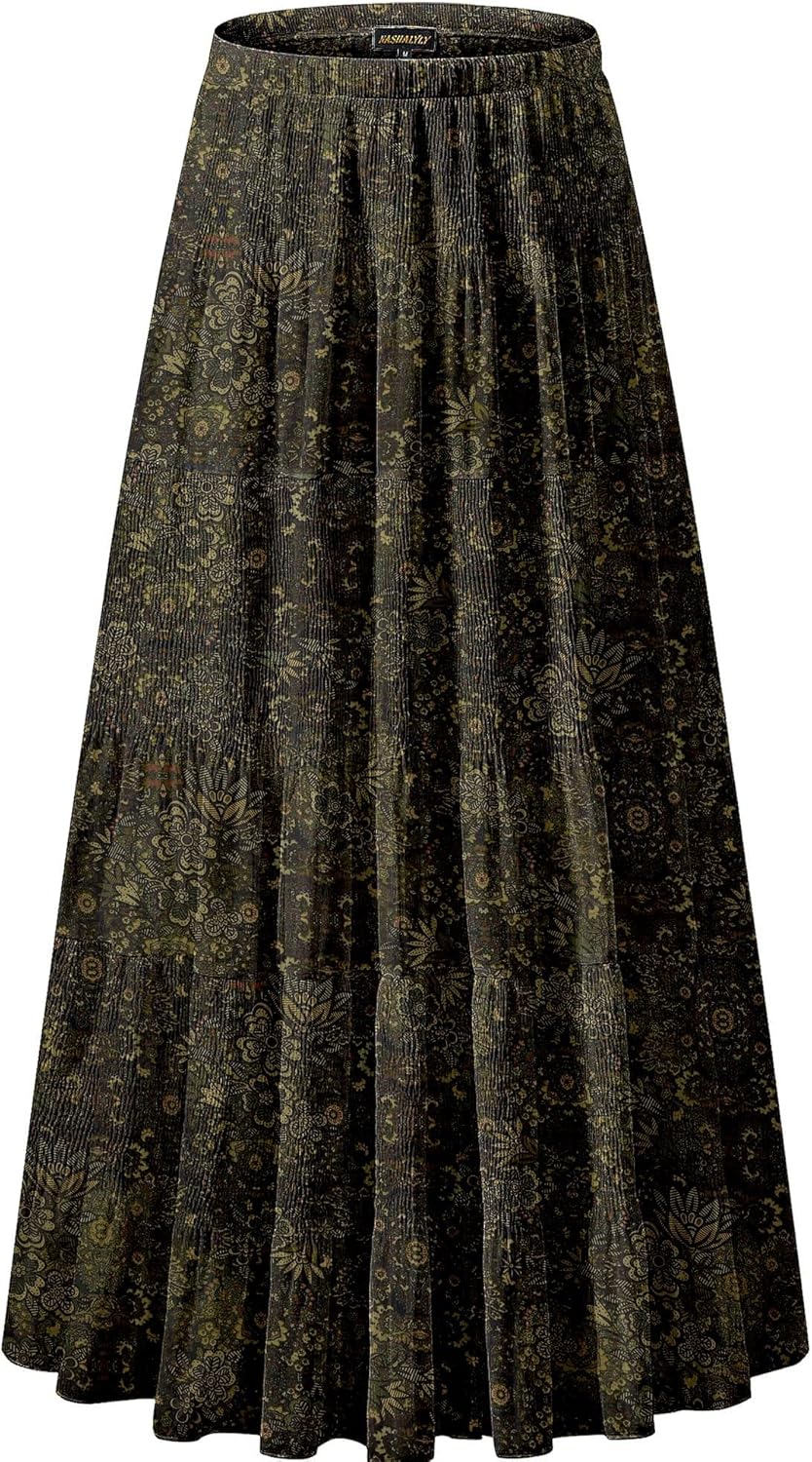 Chiffon Maxi Skirt for Women - High Waist Pleated A-Line Flared Long Skirt Boho Floral