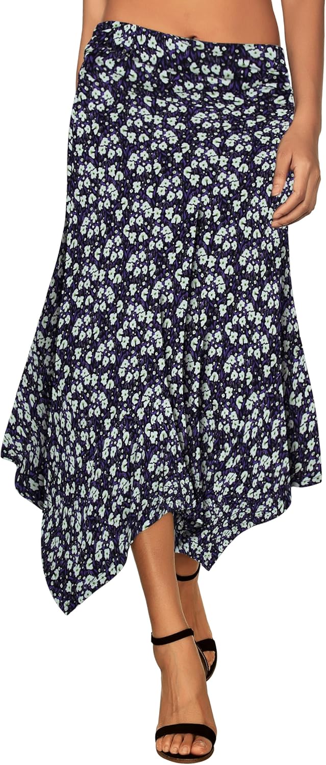 Women's Flowy Handkerchief Hemline Midi Skirt - Elastic Waist Asymmetrical Hem Purple Floral