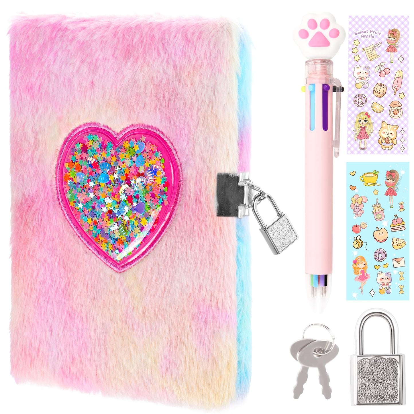 Girls Heart Diary with Lock and Keys - Cute Plush Secret Journal Notebook Gift Ages 6-8 Glitter Heart