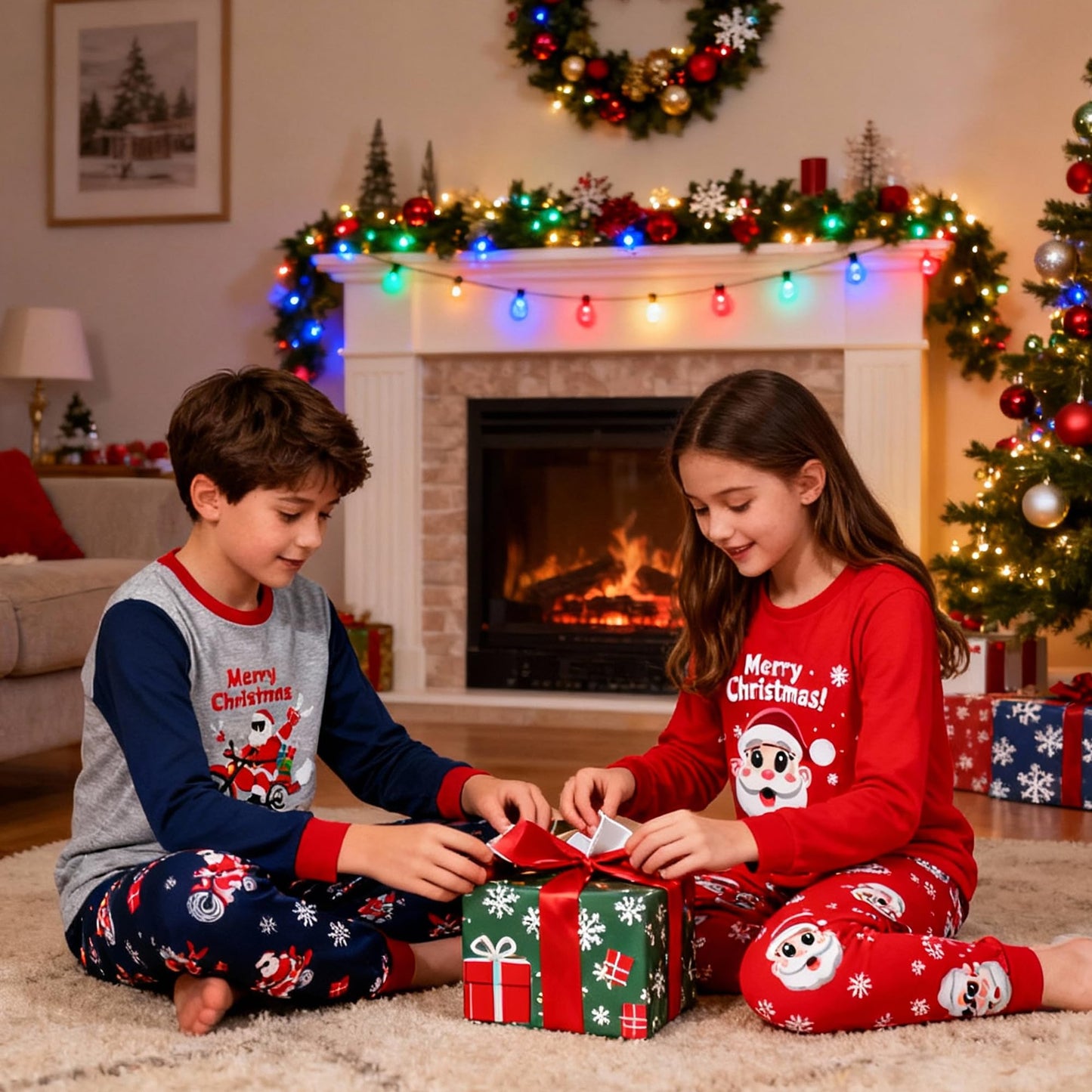 Tphon Kids Christmas Pajamas Sets Santa Claus Dinosaur Sleepwear Long Sleeve PJS Set for Boys Girls 2-12 Years