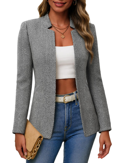 Women's Tweed Blazer Jacket - Open Front Stand Collar Professional Work Coat Herringbone-black