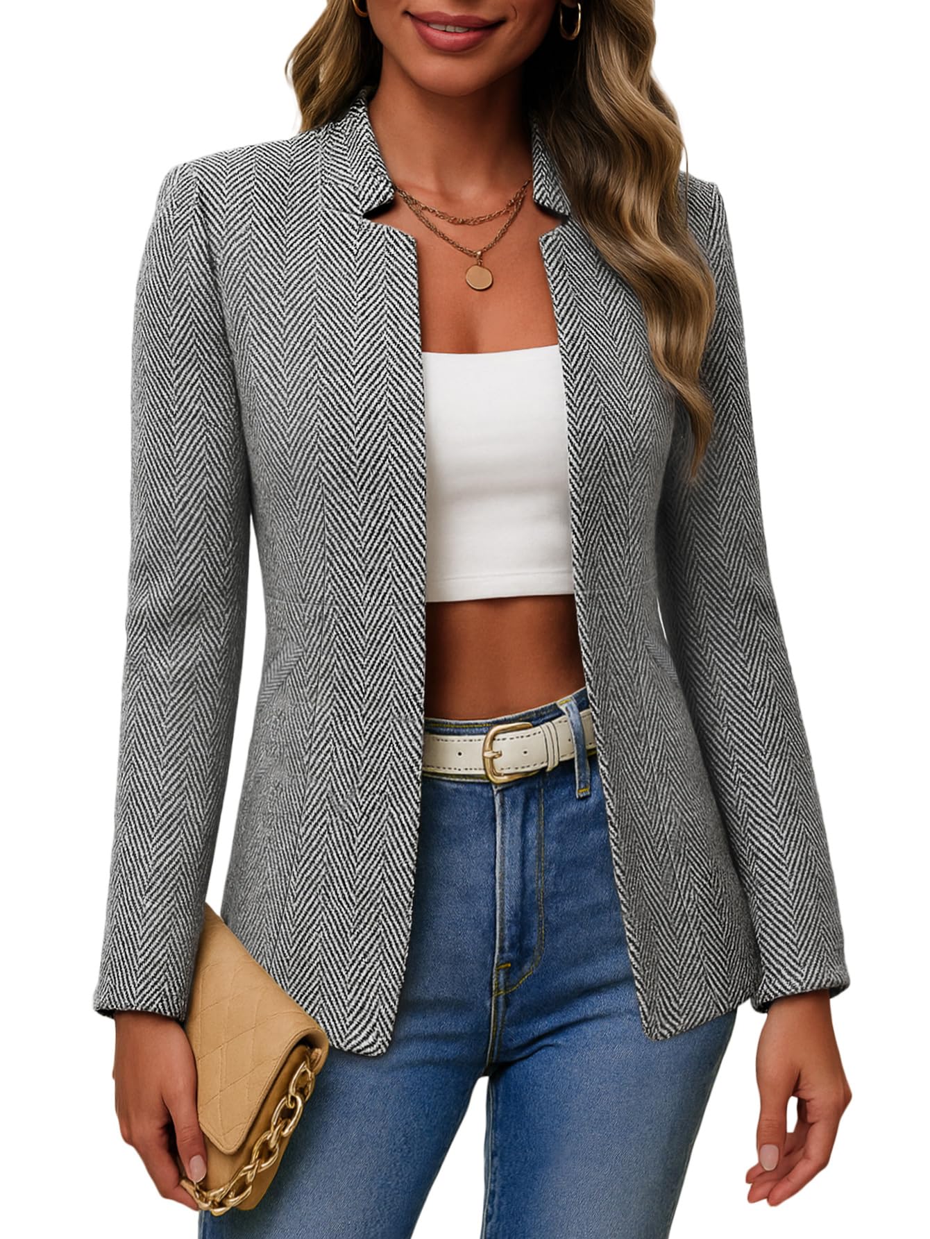 Women's Tweed Blazer Jacket - Open Front Stand Collar Professional Work Coat Herringbone-black