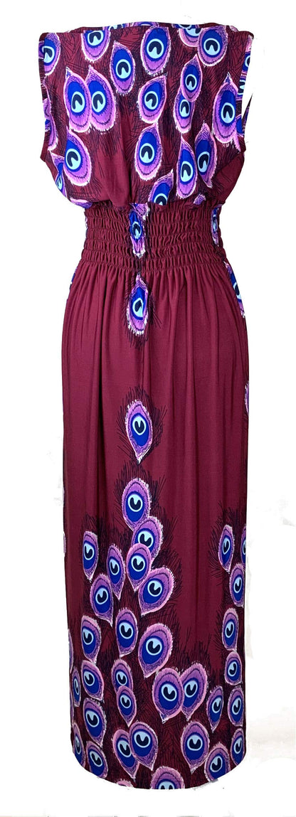 Smocked Maxi Dress - V Neck Exotic Print Dress for Maternity & Plus Size