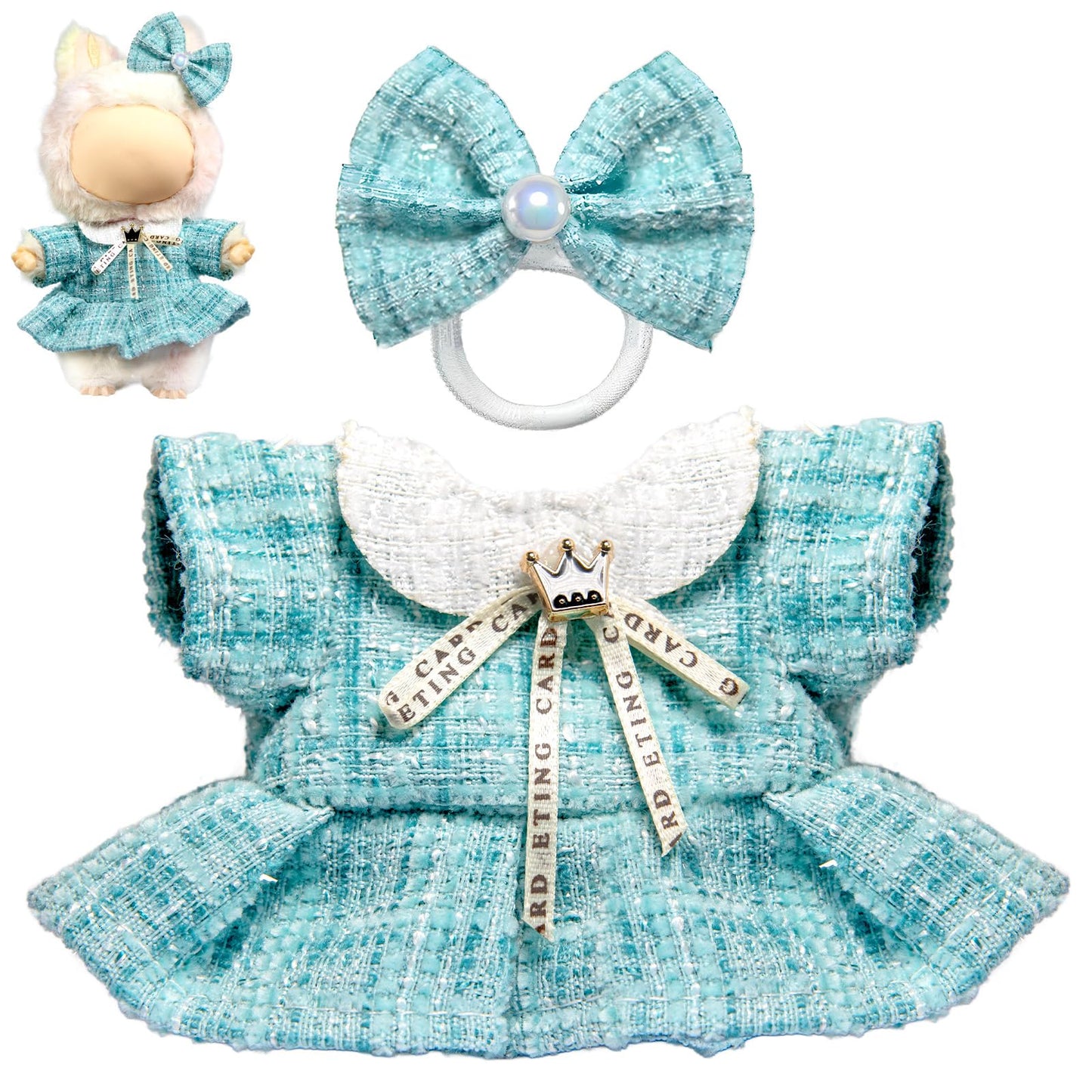 3 Piece Handmade Crochet Outfit for 17cm Dolls - Heart Sweater Hat & Bag Set Blue