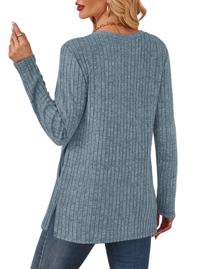 Women's Crewneck Sweater with Pockets - Long Sleeve Tunic Top with Side Slits