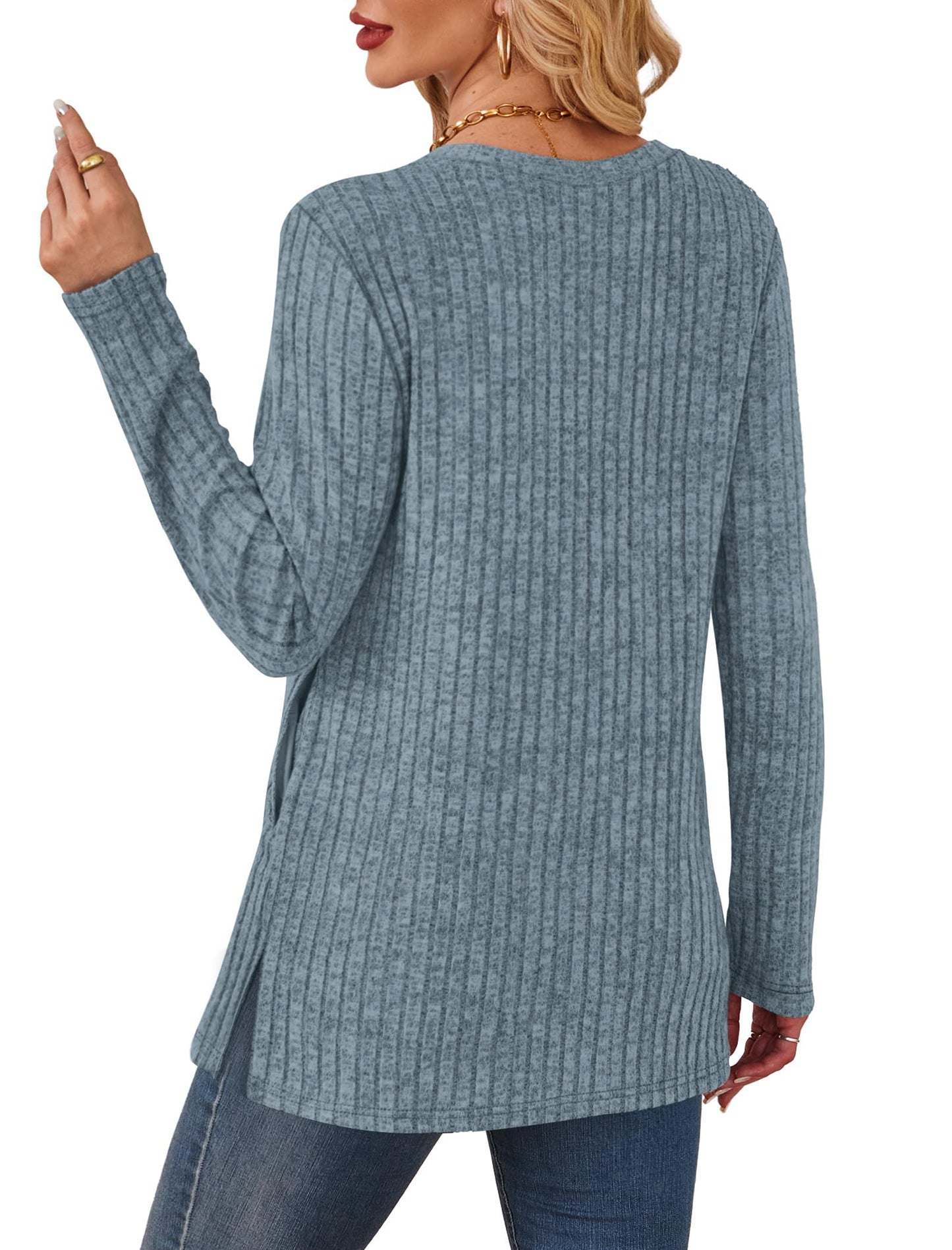 Women's Crewneck Sweater with Pockets - Long Sleeve Tunic Top with Side Slits