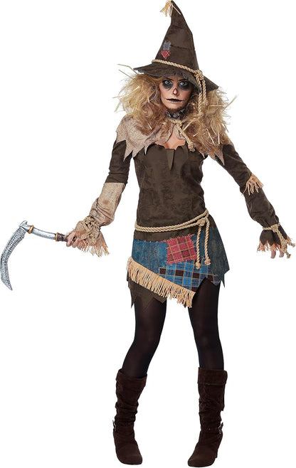 Women's Creepy Scarecrow Costume - Halloween Tunic with Rope Belt Brown