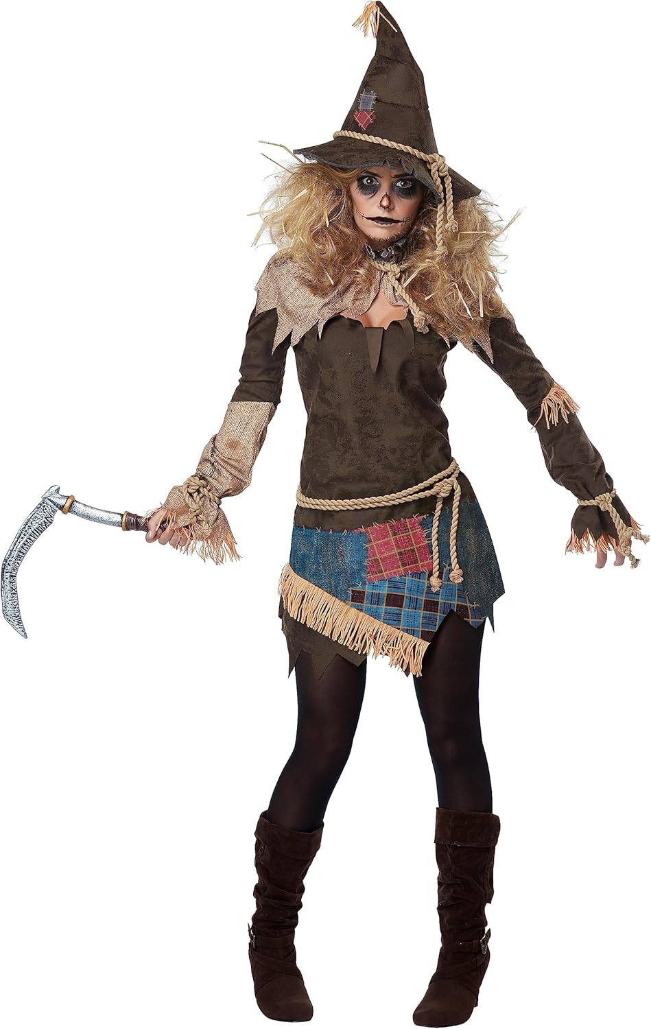 Women's Creepy Scarecrow Costume - Halloween Tunic with Rope Belt Brown