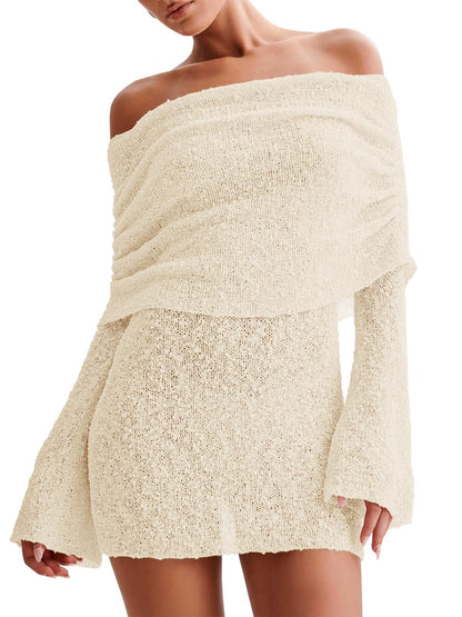 Women's Off Shoulder Beach Cover Up - Sheer Bell Sleeve Mini Dress for Swimwear